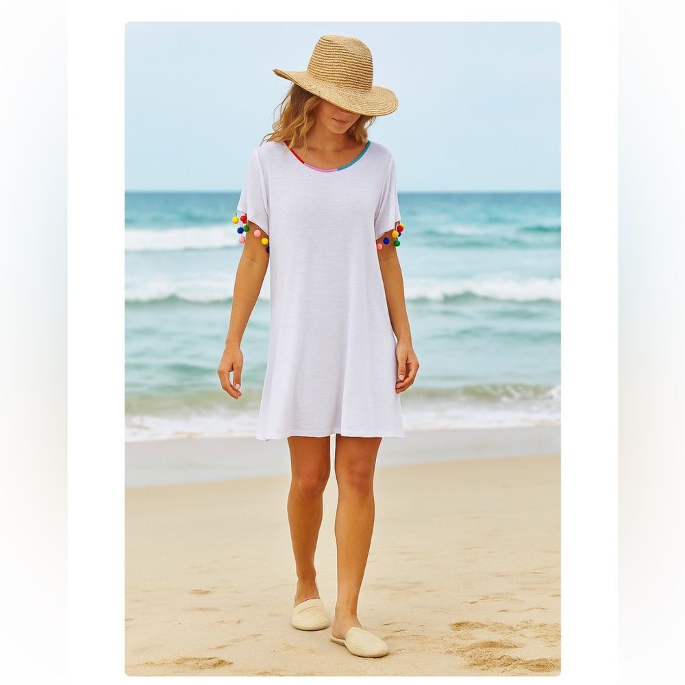 Pitusa x Stephanie Gottlieb Mini T-Shirt Dress Rainbow Pom Pom Sleeve  White L